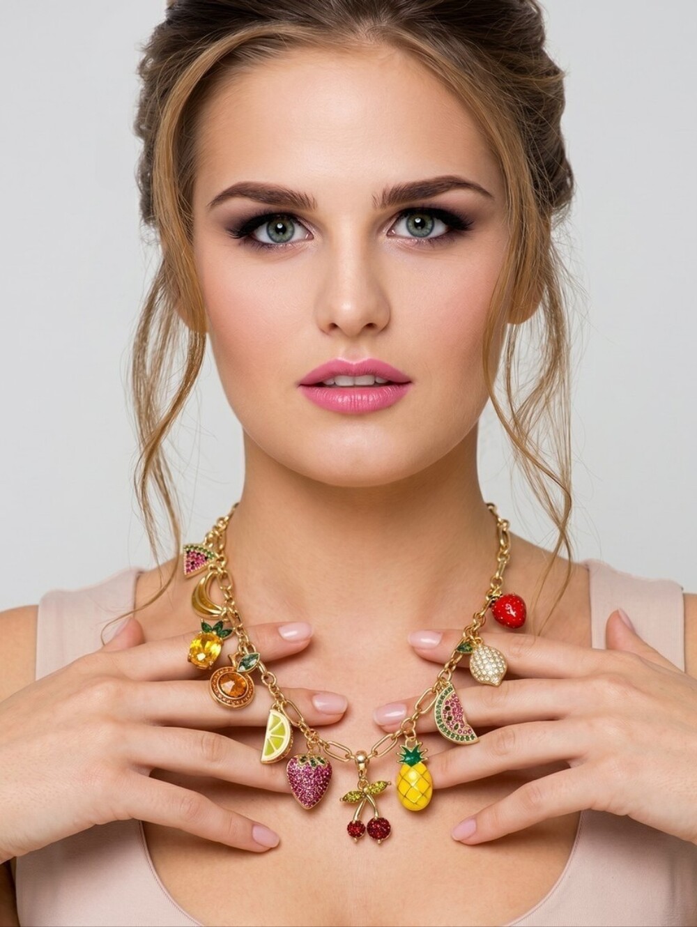 🍒▪️ Persimmon▪️ Gold Tone Charm 16" Necklace with Colorful Fruit Accents
